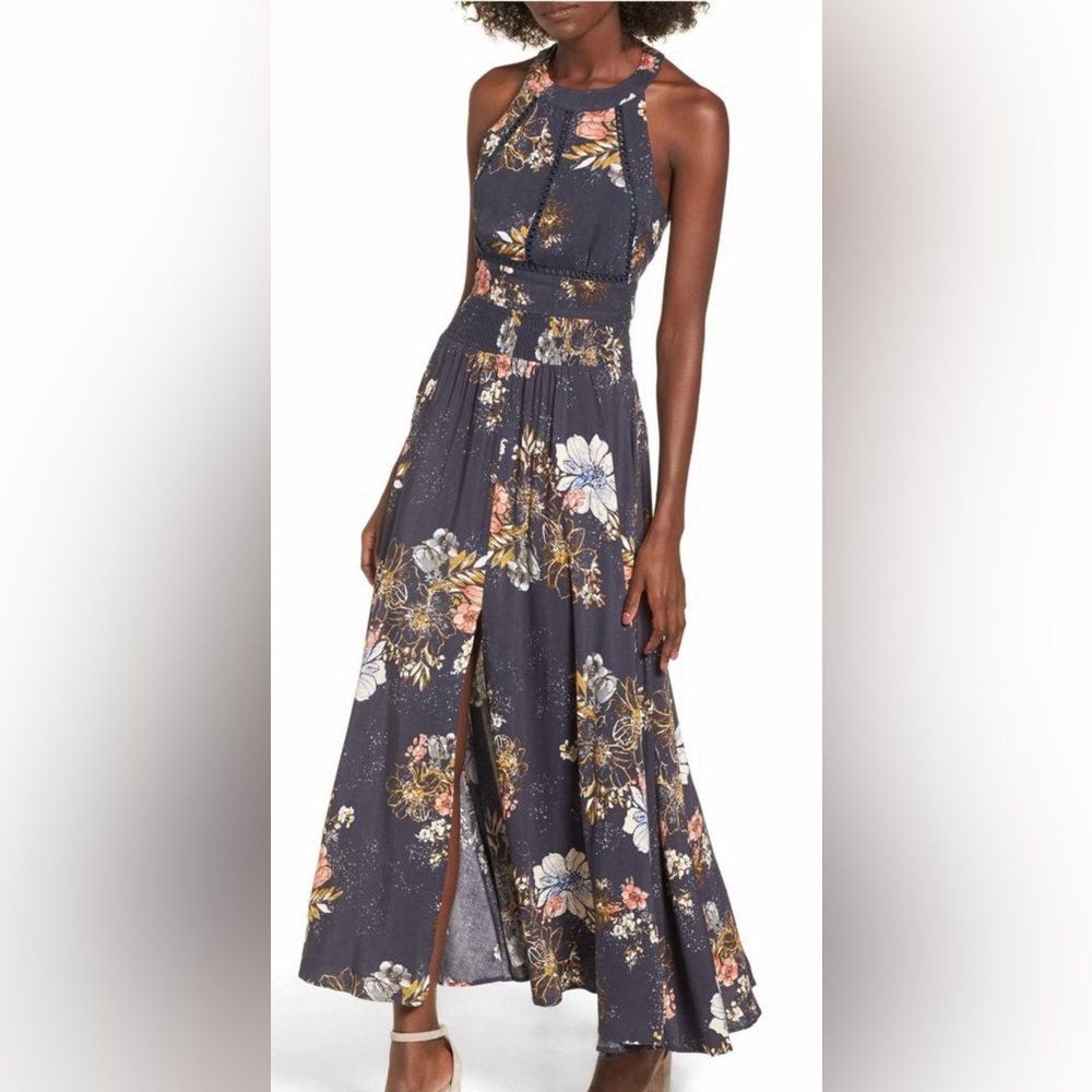 NWT BP. Floral Halter Maxi Dress in Navy Blue Size XS